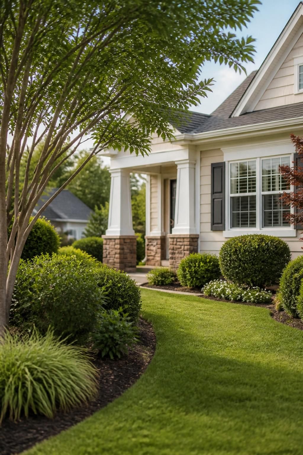 Finished front yard with trimmed trees, shrubs, and healthy grass.