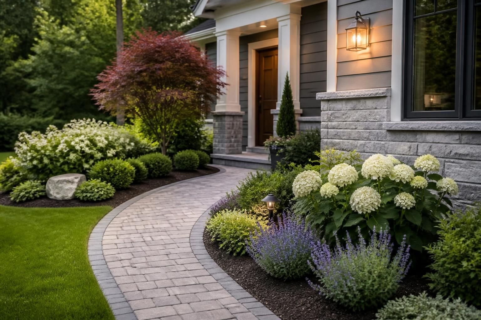 Finished landscape design with layered plants and paver path.