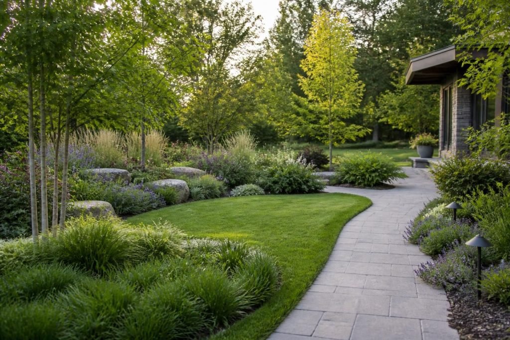 Wide landscaped yard with pavers, lawn, and layered plantings.