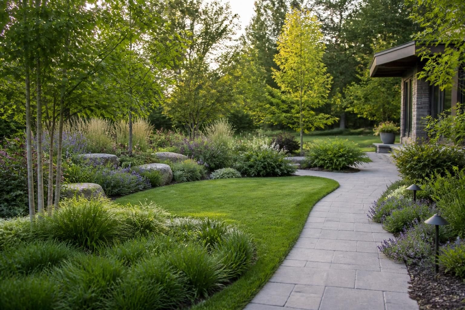 Wide landscaped yard with pavers, lawn, and layered plantings.