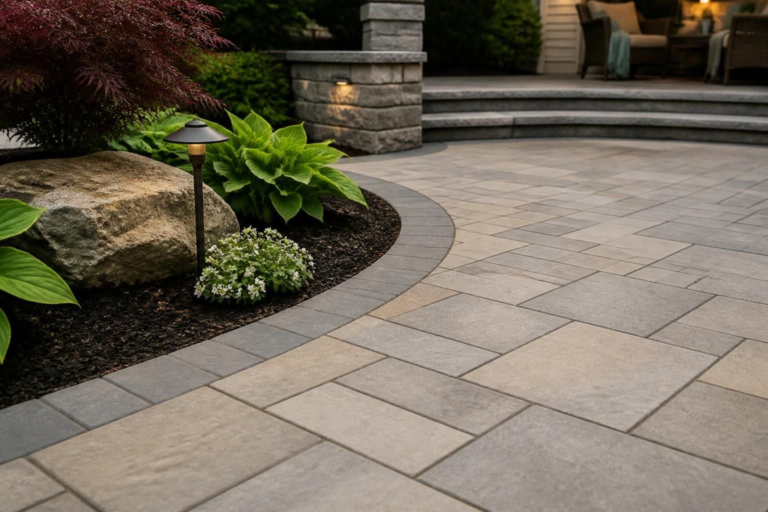 Finished paver walkway with clean alignment and landscaped edges.