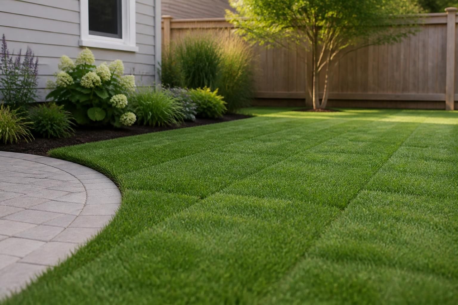 Freshly installed sod in smooth, even sections across a yard.