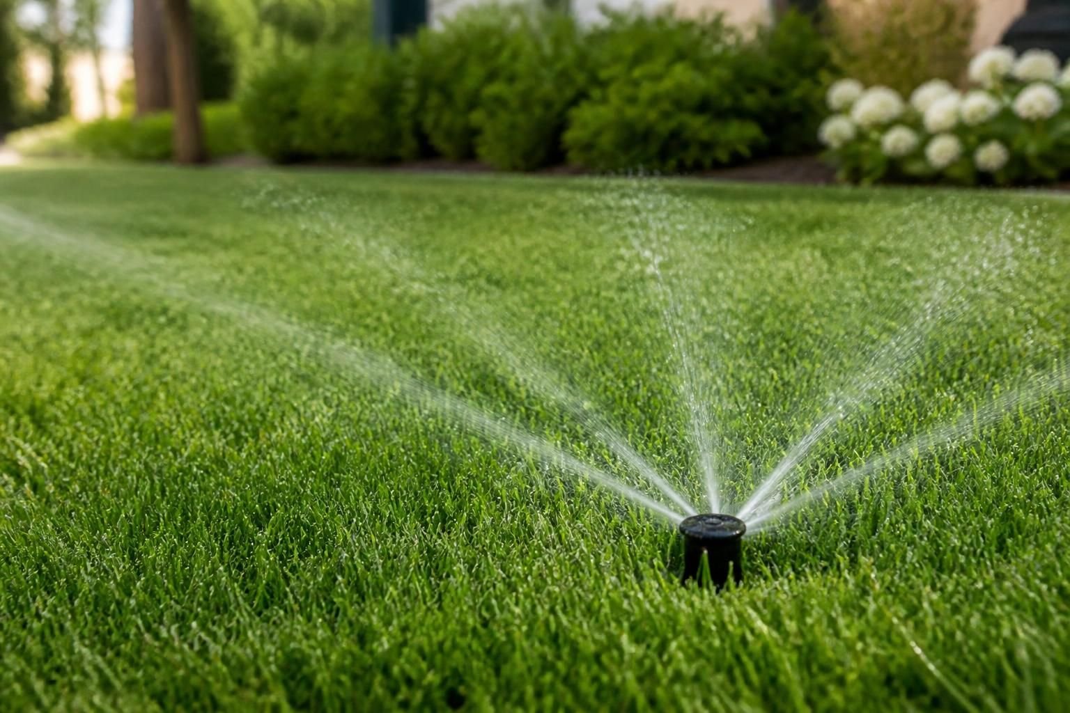 Finished lawn with discreet sprinkler heads and healthy grass.