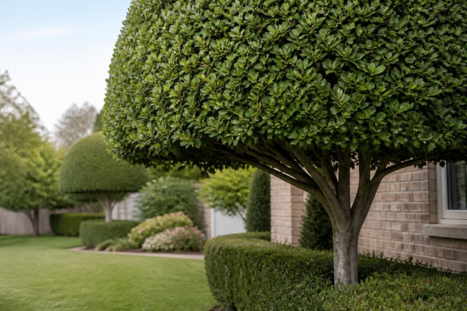 Neatly trimmed trees above a clean residential yard.